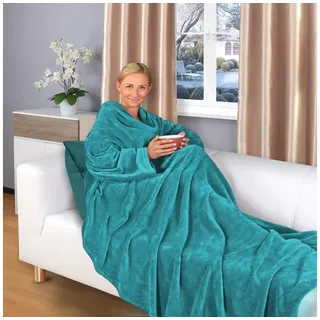 Wohndecke flauschige, tragbare Kuscheldecke mit Ärmeln und Fußtasche 180x150 cm, Gräfenstayn, warme Ärmeldecke - TV Decke zum Anziehen - 180x150cm türkis blau 180 cm x 150 cm