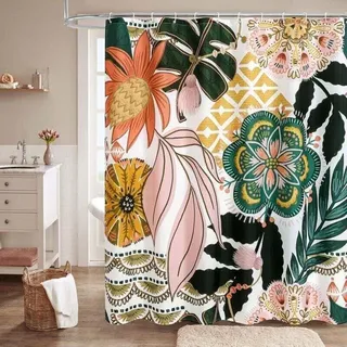 Duschvorhang-set Im Boho-stil Mit Blumenmuster Und Haken, Duschvorhänge Aus Tropischem Blattstoff Für Rustikale Vintage-badezimmerdekoration, Farbenfroher Duschvorhang Mit Blumenmuster, 72 X