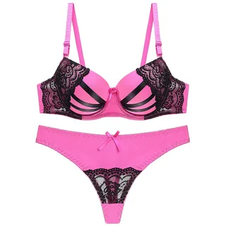 Set aus BH und Höschen in Übergröße, Damen-Push-up-BHs und bequemes Tanga-Set mit Spitze bedruckt mit Blumenmuster (Farbe: Rosa, Größe: 85C) - 85C