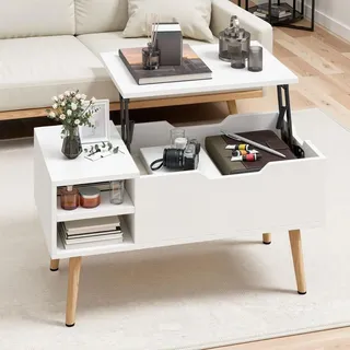 Couchtisch Höhenverstellbar, Beistelltisch, Wohnzimmertisch mit Verstecktes Fach, 80*40*43,5 cm, Weiß - Weiß
