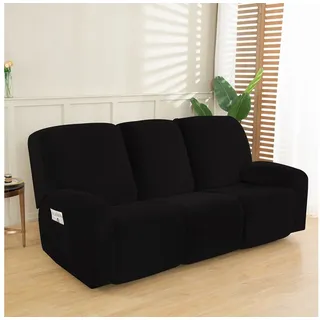 Rosnek Sesselschoner 8 tlg. Sesselbezug 3 Sitzer aus Samt Stretchhusse elastisch, Stretch sesselschoner mit armlehne, für relaxsessel und Fernsehsessel schwarz