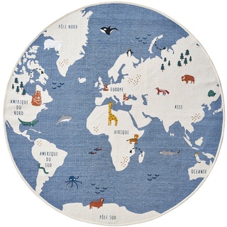 Vertbaudet Runder Kinderzimmer Teppich „Weltkarte“, blau