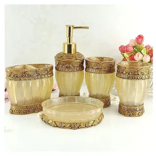 LUANT Vintage Golden Badezimmerzubehör, 5-teiliges Badezimmerzubehör-Set, Badezimmer-Set, Seifenspender, Zahnbürstenhalter, Becher & Seifenschale – Golden glänzend – Bad-Geschenkset
