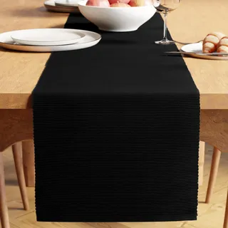 Encasa XO Tischläufer, Feinripp Baumwolle, Modern 13"x59" | Tiefes Schwarz, Maschinenwaschbar | Garngefärbt, Formstabil | Langlebig & Pflegeleicht | Tischdeko Esstisch & Küche