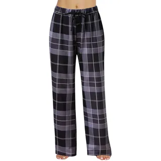 Schlafanzughose Damen Lang Flanell Baumwolle Karierte Pyjamahose Winter Weich Nachtwäsche Hose Schlafhose Freizeithose Strandhose mit Taschen und Kordelzug, Damen Haushose Pyjama Hosen (Black, S)