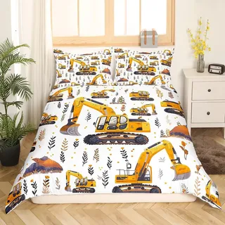 Loussiesd Bagger Bettwäsche Set 135x200cm Traktor Truck Bettbezug Set Kinder Jungen Traktor Maschinerie Baufahrzeug Cartoon Truck Betten Set Schlafzimmer Dekor 2Stück
