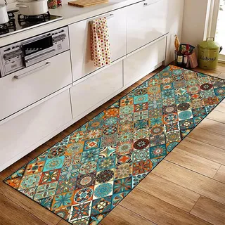 Siunwdiy Teppich Läufer Flur rutschfest 60x300cm Küchenläufer Waschbar Bunter Türkis Korridor Teppichläufer Lang Küchenteppich Für Küche Wohnzimmer Schlafzimmer Teppichläufer Meterware Anpassbar