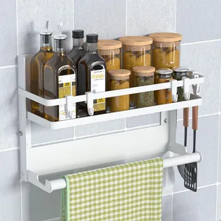 DUNSOO Gewürzregal Wand mit Küchenrollenhalter und 4 Haken, Küchenregal Ohne Bohren aus Edelstahl, Wandregal Hängend für Küchen und Bad Organizer, Weiß