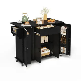 Küchenwagen mit 5 Rollen,Kücheninsel mit Klappbaren Arbeitsplatte,Küchenschrank mit 1 Schubladen,4 Türen, 2 Gewürzregal,120×45(70)×95cm,Schwarz