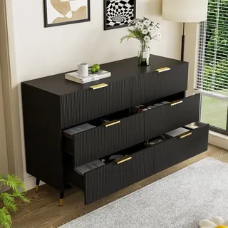 MODFU Kommode Sideboard mit 6 Schubladen, Schrank Buffet mit modernem Design für Wohnzimmer, Schlafzimmer, Kinderzimmer, Jugendzimmer und Büro, S... - Schwarz