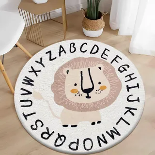 AIMECO Kinderteppich Rund 160CM Weicher Kuscheliger Carpet Wohnzimmer Teppichen Mädchen Schlafzimmer Kinderzimmer Dünn Pflegeleicht Teppiche Motiv Löwe