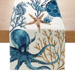 Avoik Tischläufer Sommer Mode Oktopusse Ozean Thema Tropische Blau Tischläufer Saisonale Bauernhaus Tisch Center Dekor für Küche Dining Party Holiday Home Decor, 33x180cm