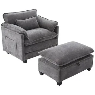 wohnTRAUM24 XXL-Sessel Moderner übergroßer Sessel mit Fußstütze und Hocker, Samt-Loungesessel, mit Seitentaschen und Kissen, bequemer Lesesessel für Wohnzimmer grau