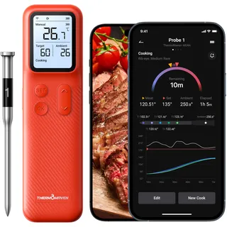 ThermoMaven P1 Fleischthermometer kabellos, Grillthermometer mit WiFi & Bluetooth 5.3, App & Display, 6 Sensoren, ±0,3 °C Genauigkeit, IPX8, 48 h Akku, Bratenthermometer für Grill, Backofen & Smoker