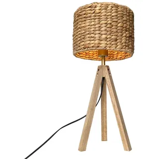 meineWunschleuchte Tischleuchte mit Holz & Wasserhyazinthe, Höhe 57cm, ohne Leuchtmittel, große Boho Tischlampe skandinavisch mit Holzfuß & E27 Korb Schirm beige