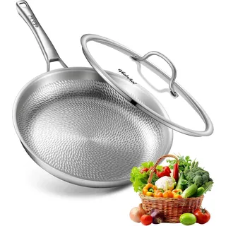 SNOWCLAD Titan Pfanne 30cm mit Deckel, Titan Pfanne Unbeschichtet, Bratpfanne für Induktion, PFOA/PFAS/PTFE frei, Spülmaschinen& Ofenfest