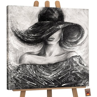 YS-Art Gemälde Charme, Menschen, Leinwand Bild Handgemalt Quadratisch Frau mit Hut schwarz weiß 90 cm x 90 cm x 4 cm