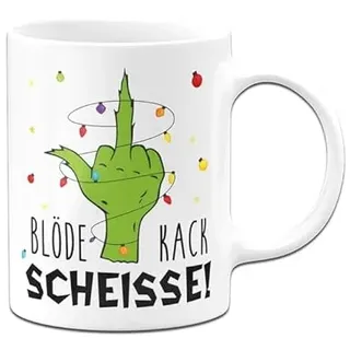 Tassenbrennerei Grinch Tasse - Blöde Kackscheisse - Weihnachtsasse lustig - Kaffeetasse mit Spruch - Weihnachts-Deko (Weiß)