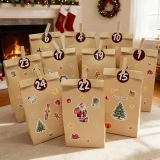 Adventskalender 2025 Tüten 24 Aufkleber 9x18cm Kraft Papier