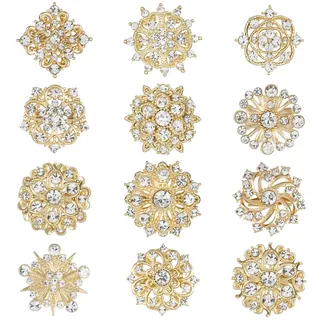 12 Stücke Gold Strass Broschen Kit Brosche Klein Gold Brosche Ausschnitt Verkleinern Kristall Blume Broschen Pins Weihnachtskostüm Dekoration für Braut Brautjungfer Hochzeit Corsage Kleid