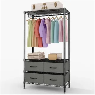 GarveeMore Kleiderständer mit Stoffschubladen, Kleiderstangen und Ablage, 90*40*180cm, Metall Garderobenständer, Schwerlast-Kleiderständer Kleiderbügel schwarz
