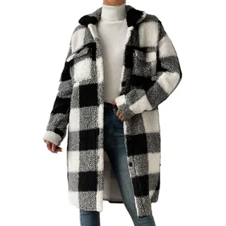 Trenchcoat Damen Teddy Fleece Karierte Jacke Revers Lang Wintermantel Übergangsjacke Elegante Knielang Winterjacke Wintercoat Button Down Karohemd Hemdjacke Parka Mantel Herbst Winter Fleecejacke - S