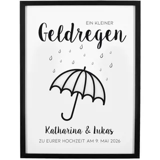 Herz & Heim® Personalisierter Bilderrahmen als Geldgeschenk „Ein kleiner Geldregen“ – Geschenkidee mit Poster 30x40 cm – Rahmen in 3 Farben – Geschenk zu Hochzeit, Geburtstag, Weihnachten (Schwarz)