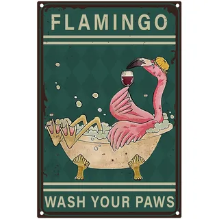 CREATCABIN Flamingo Wash Your Paws Metallblechschild Vintage-Blechschild Lustiges Poster Retro-Plakette Wanddekoration Für Badezimmer Küche Café Zuhause Bar Wohnzimmer Weihnachten Geschenke 20x30cm