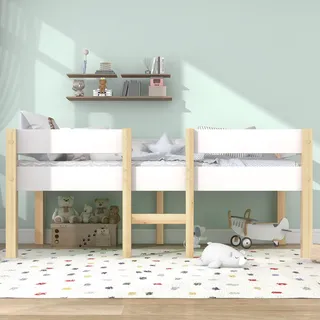 Halbhochbett Für Kinder 90x190 Cm Aus Massiver Kiefer In Weiß Und Eiche, Sicherheitsbarriere, Niedrige Leiter, Skandinavisch Linhoo