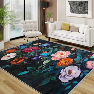 Blumen Teppich, Bunt Blumen Botanisch Kleiner Teppich, Künstlerisch Mehrfarbig Waschbar Kurzflor Weich Teppiche Eingangsbereich Innen Küche, 60x90 cm, Grün Rot Rosa