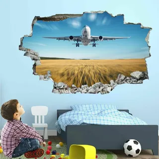 3D Wandtattoo I Wandbild Flugzeug Wandaufkleber I Wandsticker Durchbruch Poster Fensterblick I Wand Deko Aufkleber für Wohnzimmer Schlafzimmer Küche Türaufkleber 90x60cm