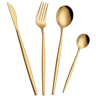 OUQIWEN 16-teiliges Gold Glänzendes Elegantes Edelstahl Besteck Set, 4 Personen, 16 Stück, Messer/Gabel/Löffel/Teelöffel, Rostbeständig, Spülmaschinengeeignet