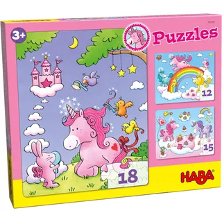 HABA Puzzles Einhorn Glitzerglück. 3 Motive 12, 15, 18 Teile
