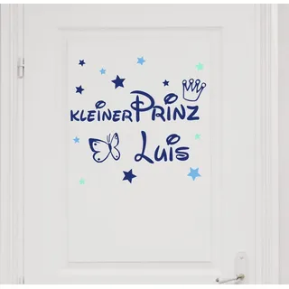 Wandtattoo Türaufkleber mit Namen, ~Kleiner Prinz mit Schmetterling ~ 73008-58cm-tricolore-blau, mit bunten Sternen fürs Jungenzimmer, Kinderzimmer Jungen, Wandaufkleber Wandtatoos Sticker Aufkleber für die Wand, Tapetensticker, Tattoo aus Markenfolie, Namensaufkleber mit Wunschname, in 32 Farben wählbar