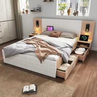 Merax Holzbett Doppelbett Bettanlage mit 2 Nachtkommoden, Funktionsbett mit Kopfteil Leselicht & Ladefunktion, Stauraumbett mit 2 Schubladen, stabil Lattenrost, Eiche/Weiß, 160×200cm, Ohne Matratze