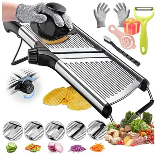 MOPUEA Gemüseschneider Mandoline Gemüsehobel Nicer Dicer mit Handschuhen multifunktional 11ST, Sicher, verstellbar 1-9mm, Edelstahl, rutschfest, leicht zu reinigen silberfarben