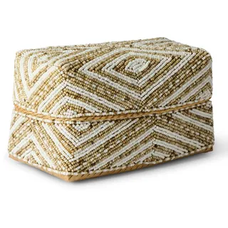 Karmagonia Aufbewahrungsbox mit Deckel aus Bambus - handgemachte Boho Deko Box mit Perlen bestickt - Aufbewahrungskorb eckig, Deko Korb geflochten