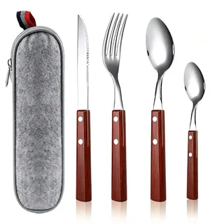 LERANXIN 5-teiliges Reisebesteck Set mit Tasche, Griff aus Rosenholz | Edelstahl Besteck für Unterwegs, Wiederverwendbares Campingbesteck, Ideal für Büro, Schule, Camping und Reisen