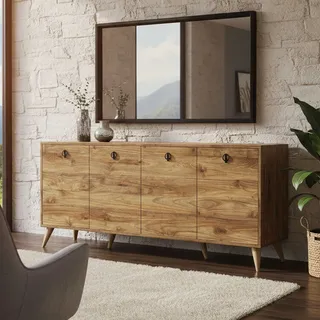 Sideboard Ernie, Anrichte 2 Böden, Flügeltüren, 4 Türen, 180x45x80cm Braun Nussbaum