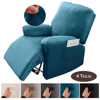 BTTO Relaxsesselhusse Sesselhussen Relaxsesselhusse Samt,Stretch Sesselbezug,4 Teile, für Komplett,Fernsehsessel Liege Sessel Im Wohnzimmer,Schlafzimmer blau