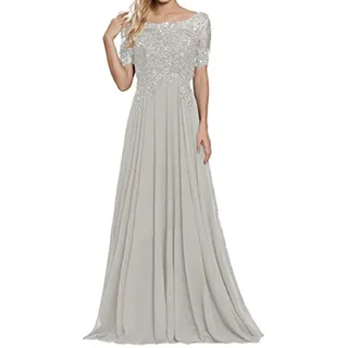 yhfshop Damen Abendkleid lang,Schulter-Kurzarm-Partykleid mit Spitzenapplikationen-Silber-_42,Damen Abendkleider Lang Ballkleider