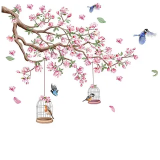 Coonoor Wandtattoo Pink Floral Wandtattoo, Pfirsichbaum Vögel Wandaufkleber, Wohnzimmer Schlafzimmer Wanddekoration