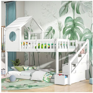 OKWISH Etagenbett Doppelbett, Kinderbett in Hausform (90 x 200 cm, ohne Matratze, weiß), Leiterschrank, Kiefernholz Haus Bett for Kids weiß