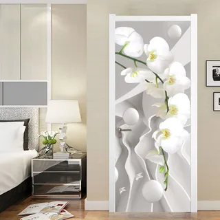 Tür tapeten 3d selbstklebend Weiß & Orchideen 3d Türaufkleber Wandbilder Türposter Fototapete PVC DIY Türbild Vinyl Wasserdichte Entfernbar Mauer Aufkleber Zuhause Dekor B77 x H200cm