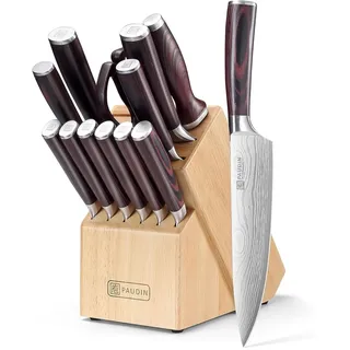 PAUDIN Messerset 14-teilig – Profi Messerblock – Kochmesser, Brotmesser, Steakmesser – Hochwertiger Kohlenstoffstahl – Damastmuster & extra... - Silber