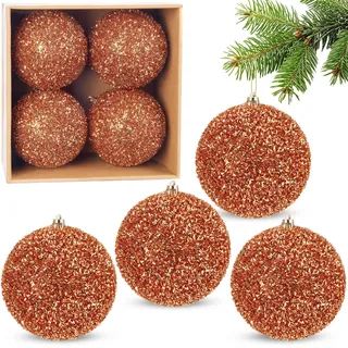 BRUBAKER Glitzer Weihnachtskugeln - 4er Set Glitter Baumkugeln - Orange | 10 cm große Christbaumkugeln Bruchsicher aus Kunststoff - Christbaumschmuck für Weihnachtsdeko - Weihnachtsbaumkugeln