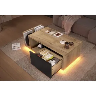 LVHOM Couchtisch Retro Sideboard mit LED & Cleverem Stauraum // Holz-Metall-Design (Stauraum (offenes Fach + Schublade + Trennstege), LED-Steuerung für atmosphärische Akzentbeleuchtung, Robuster Holz-Metall-Rahmen, Beistelltisch, Bar, Sideboard, Roomteiler), in Wohnzimmer, Flur oder Homeoffice beige
