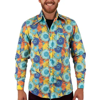 Comycom Slimfit Herren Flower Power Blumenhemd türkis bunt - 70er-Jahre geblümtes Hippie-Hemd für Männer - XL