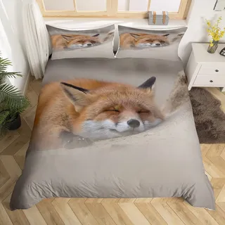 Bettwäsche-Set mit Fuchs, 3D-Tiermotiv, Bettbezug für Jungen, Mädchen, Kinder, Natur, Einzelbett