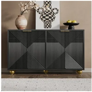 Celya Sideboard mit vier Türen und verstellbaren Innenböden (Metallgriffen und kugelförmigen Beinen), Viel Stauraum, Besonderer Licht- und Schatteneffekt schwarz